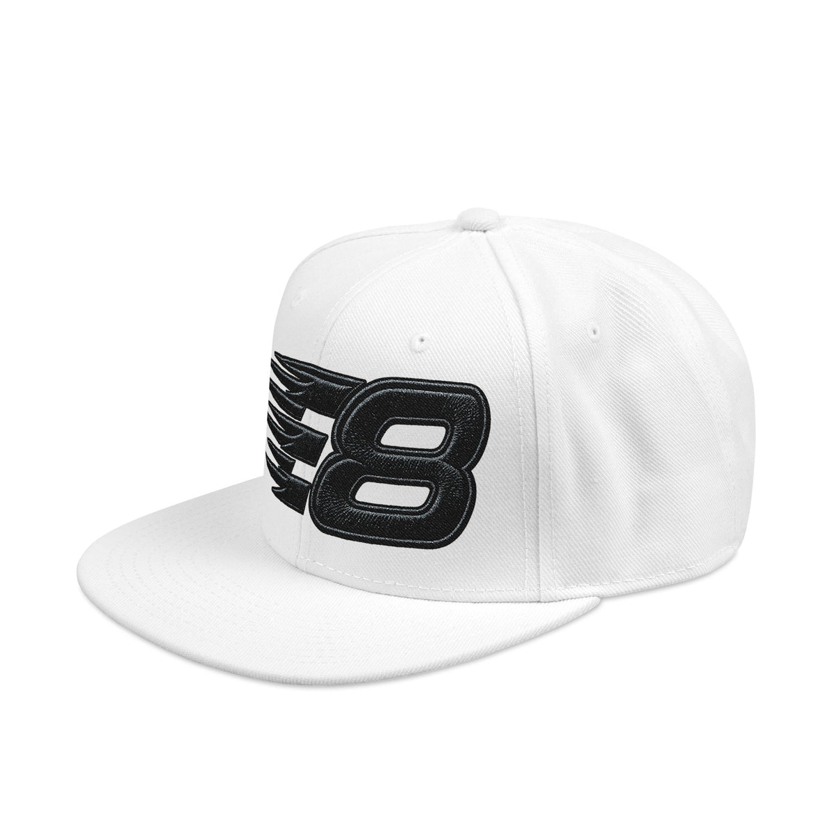 Embroidered '8' Wing Snapback Hat — White Streetwear Baseball Cap